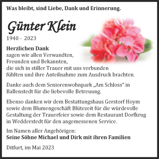 Traueranzeige von Günter Klein von Trauerkombi Quedlinburg