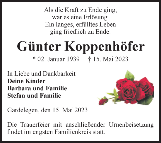 Traueranzeige von Günter Koppenhöfer von Volksstimme Altmark West