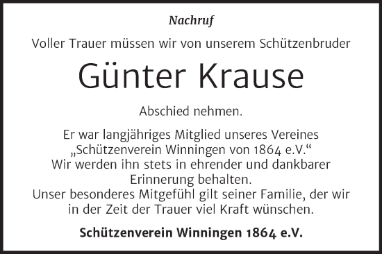 Traueranzeige von Günter Krause von Trauerkombi Aschersleben