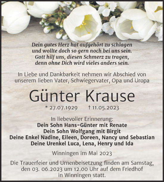 Traueranzeige von Günter Krause von Trauerkombi Aschersleben