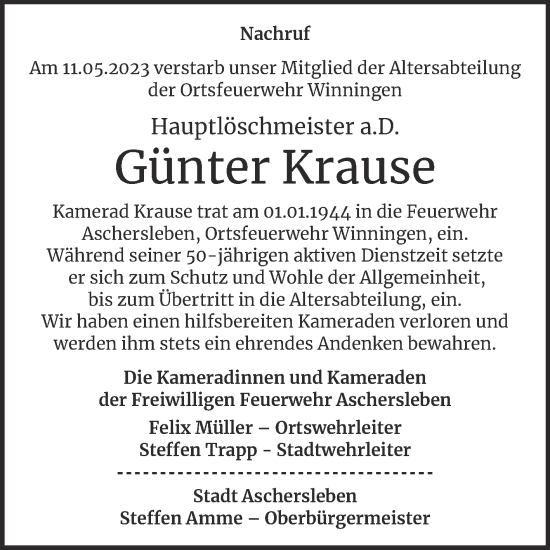 Traueranzeige von Günter Krause von Wochenspiegel Aschersleben