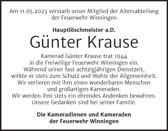 Traueranzeige von Günter Krause von Super Sonntag Aschersleben