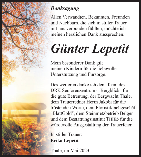 Traueranzeige von Günter Lepetit von Trauerkombi Quedlinburg