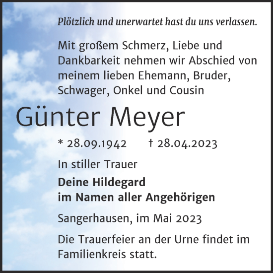 Traueranzeige von Günter Meyer von Trauerkombi Sangerhausen