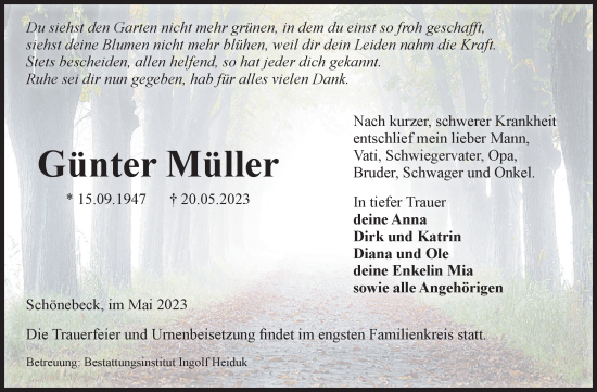 Traueranzeige von Günter Müller von Volksstimme Schönebeck