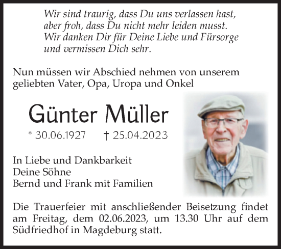Traueranzeige von Günter Müller von Volksstimme Magdeburg