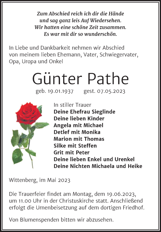 Traueranzeige von Günter Pathe von Trauerkombi Wittenberg