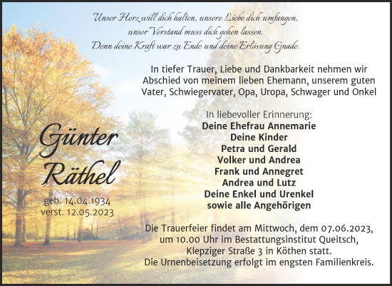 Traueranzeige von Günter Räthel von Trauerkombi Köthen