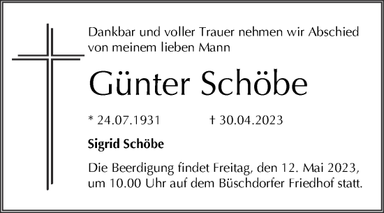 Traueranzeige von Günter Schöbe von Mitteldeutsche Zeitung Halle/Saalkreis