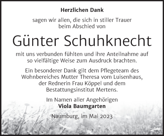 Traueranzeige von Günter Schuhknecht von Naumburger Tageblatt