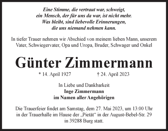 Traueranzeige von Günter Zimmermann von Volksstimme Burg/Genthin