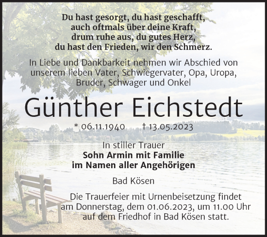 Traueranzeige von Günther Eichstedt von Naumburger Tageblatt