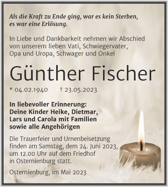 Traueranzeige von Günther Fischer von Trauerkombi Köthen