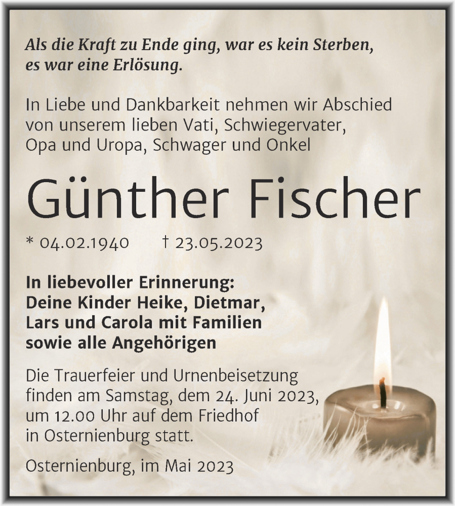  Traueranzeige für Günther Fischer vom 25.05.2023 aus Trauerkombi Köthen