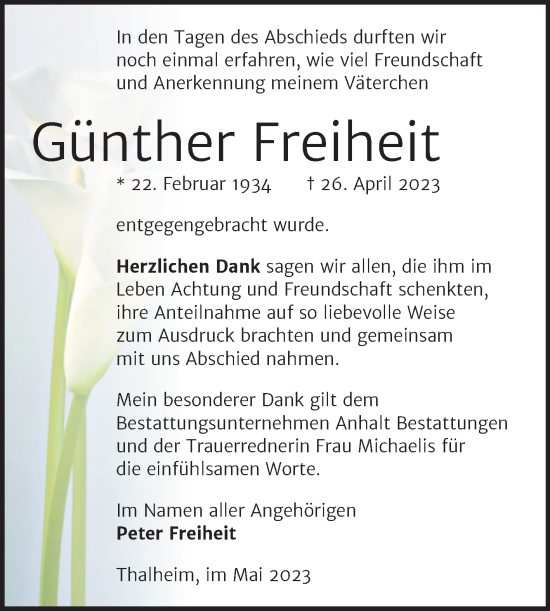 Traueranzeige von Günther Freiheit von Trauerkombi Bitterfeld