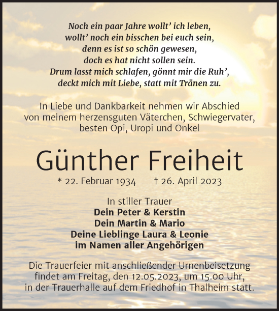Traueranzeige von Günther Freiheit von Trauerkombi Bitterfeld