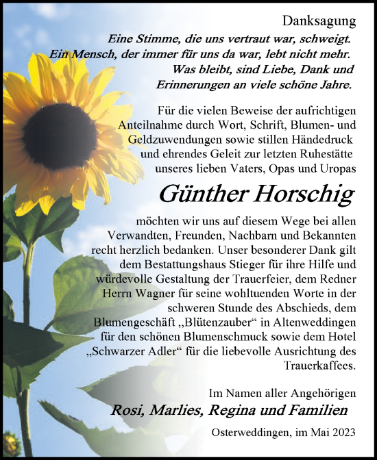 Traueranzeige von Günther Horschig von Volksstimme Oschersleben/Wanzleben
