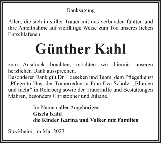 Traueranzeige von Günther Kahl von Volksstimme Altmark West