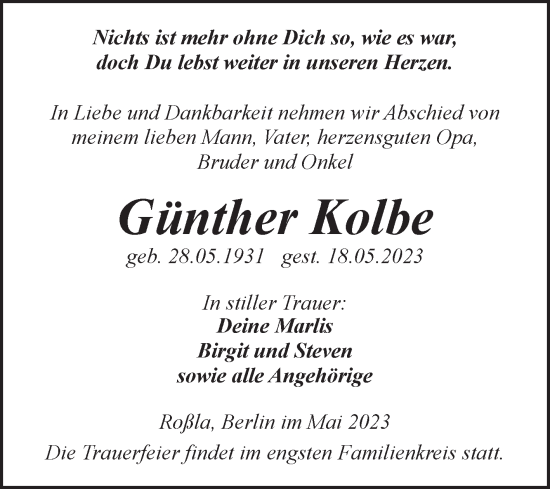 Traueranzeige von Günther Kolbe von Trauerkombi Sangerhausen