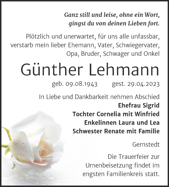 Traueranzeige von Günther Lehmann von Wochenspiegel Naumburg/Nebra