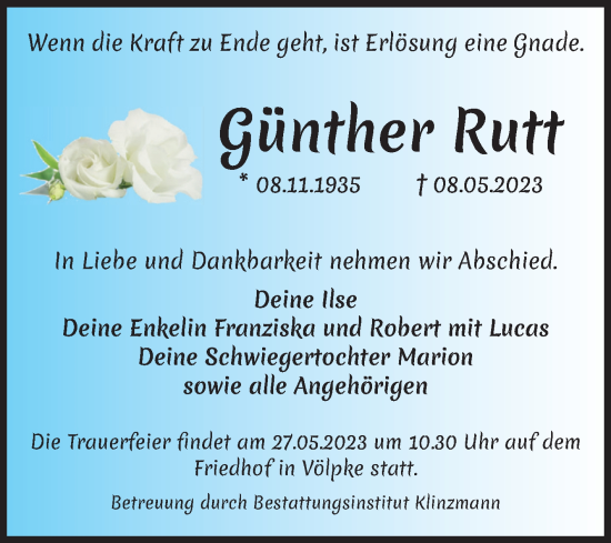 Traueranzeige von Günther Rutt von Volksstimme Oschersleben/Wanzleben