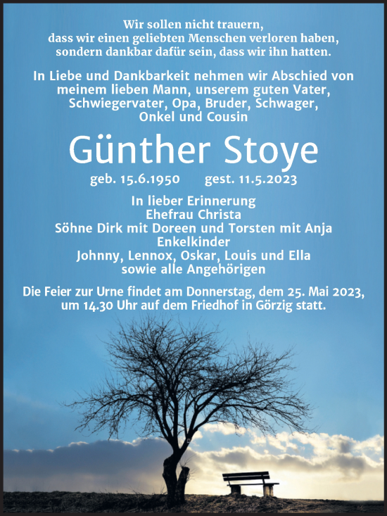 Traueranzeige von Günther Stoye von Trauerkombi Köthen