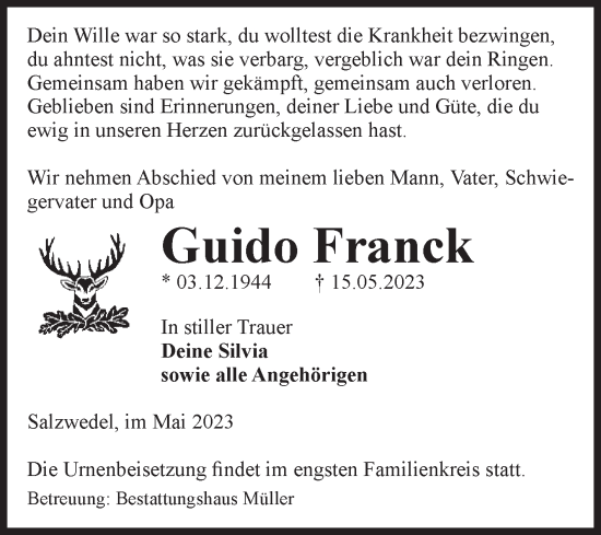 Traueranzeige von Guido Franck von Volksstimme Altmark West