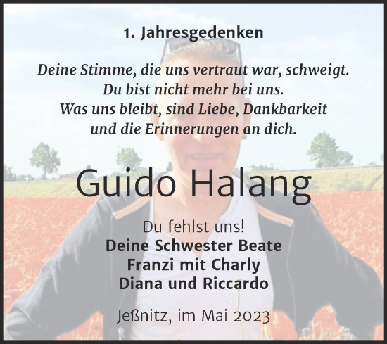 Traueranzeige von Guido Halang von Trauerkombi Bitterfeld