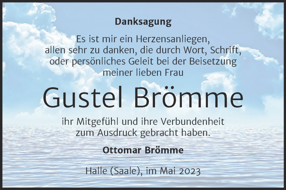  Traueranzeige für Gustel Brömme vom 20.05.2023 aus Mitteldeutsche Zeitung Halle/Saalkreis