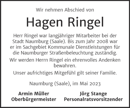 Traueranzeige von Hagen Ringel von Naumburger Tageblatt