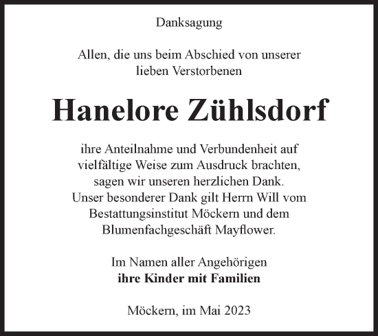 Traueranzeige von Hanelore Zühlsdorf von Volksstimme Burg/Genthin