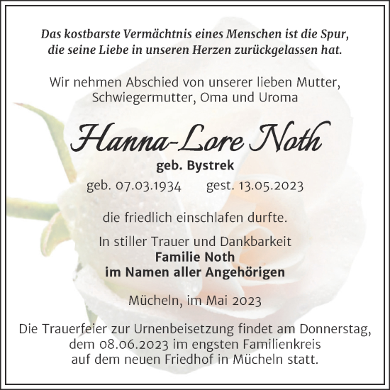 Traueranzeige von Hanna-Lore Noth von Trauerkombi Merseburg