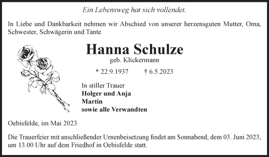 Traueranzeige von Hanna Schulze von Volksstimme Altmark West