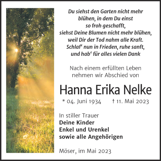 Traueranzeige von Hanna Erika Nelke von Trauerkombi Bernburg