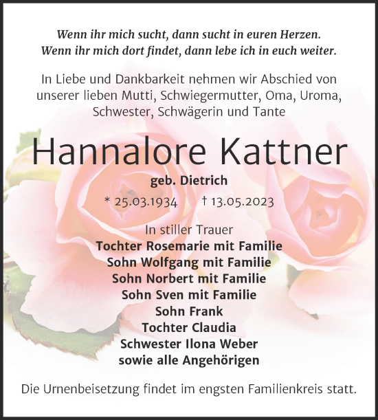 Traueranzeige von Hannalore Kattner von Trauerkombi Weißenfels