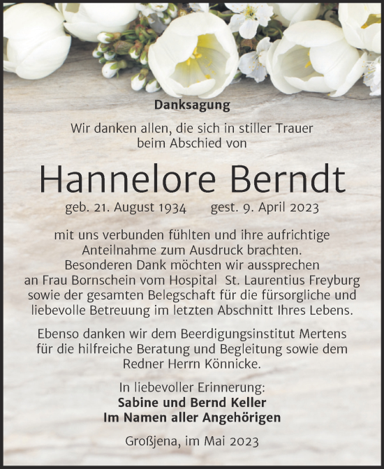 Traueranzeige von Hannelore Berndt von Wochenspiegel Naumburg/Nebra
