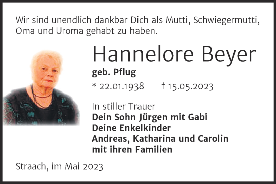 Traueranzeige von Hannelore Beyer von Trauerkombi Wittenberg