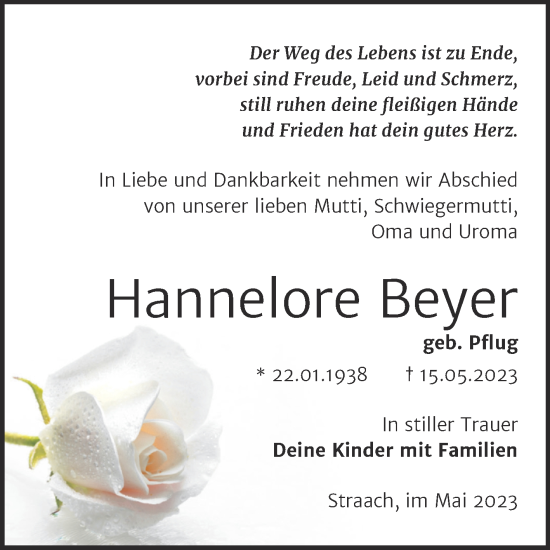 Traueranzeige von Hannelore Beyer von Trauerkombi Wittenberg