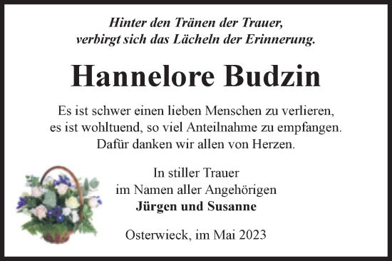 Traueranzeige von Hannelore Budzin von Volksstimme Halberstadt