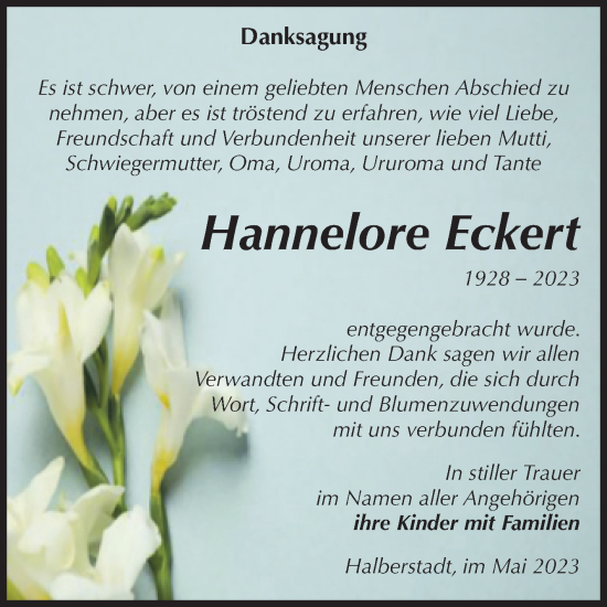 Traueranzeige von Hannelore Eckert von Volksstimme Halberstadt