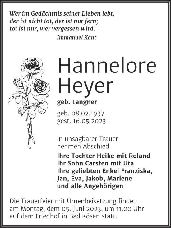 Traueranzeige von Hannelore Heyer von Naumburger Tageblatt