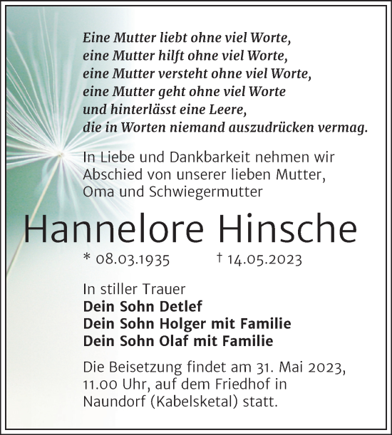 Traueranzeige von Hannelore Hinsche von Mitteldeutsche Zeitung Halle/Saalkreis