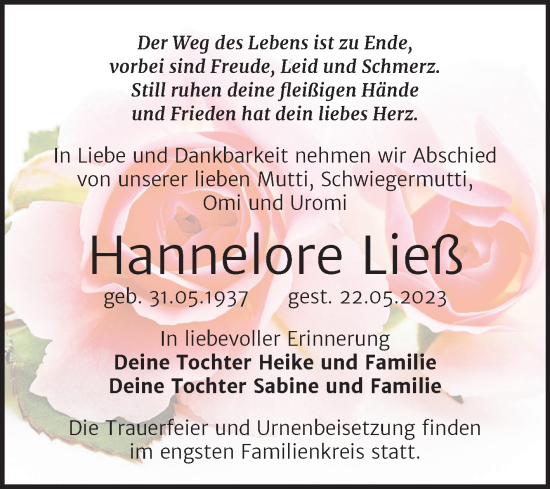 Traueranzeige von Hannelore Ließ von Trauerkombi Wittenberg
