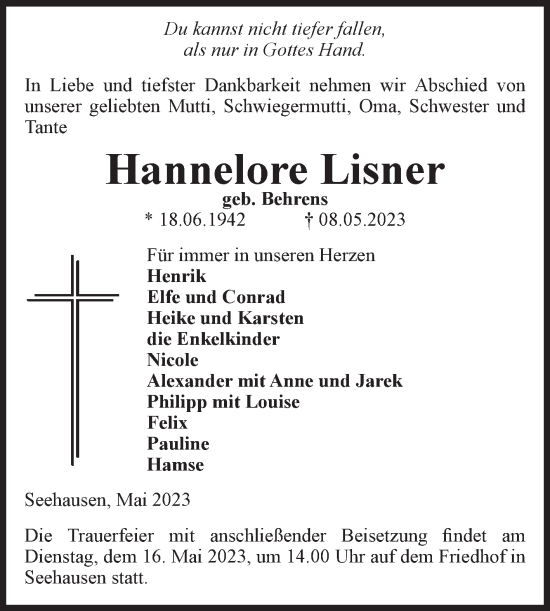 Traueranzeige von Hannelore Lisner von Volksstimme Altmark Ost