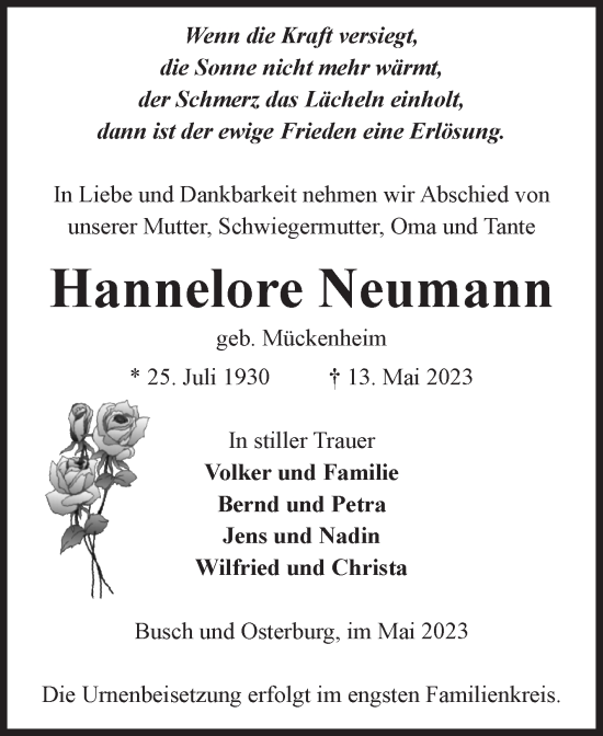 Traueranzeige von Hannelore Neumann von Volksstimme Altmark Ost