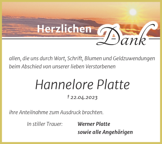 Traueranzeige von Hannelore Platte von Trauerkombi Dessau