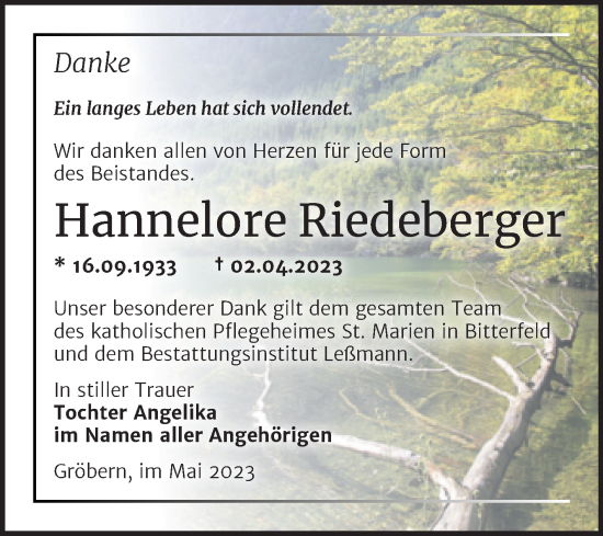 Traueranzeige von Hannelore Riedeberger von Trauerkombi Bitterfeld