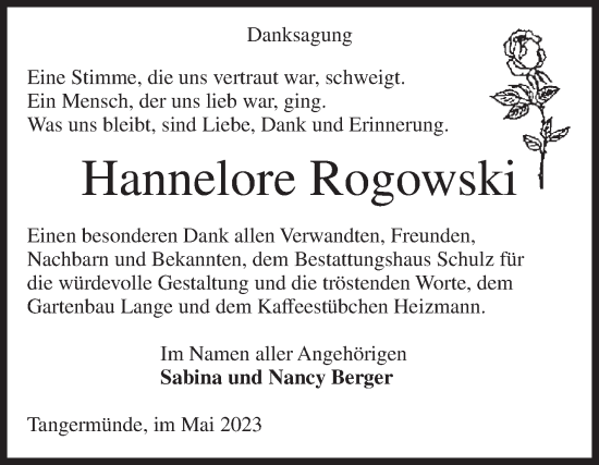 Traueranzeige von Hannelore Rogowski von Volksstimme Altmark Ost