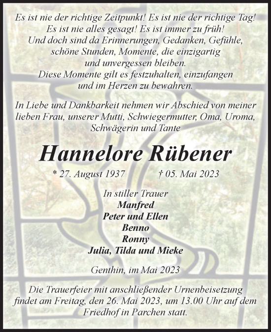 Traueranzeige von Hannelore Rübener von Volksstimme Burg/Genthin