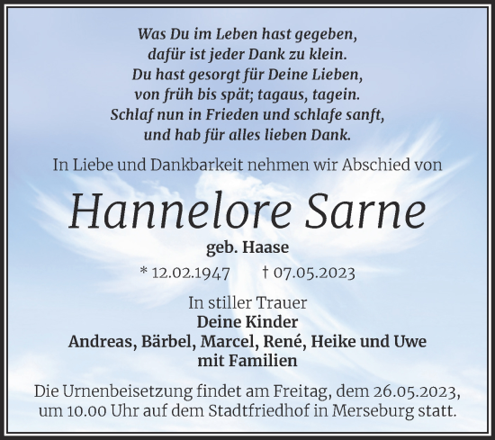 Traueranzeige von Hannelore Sarne von Trauerkombi Merseburg